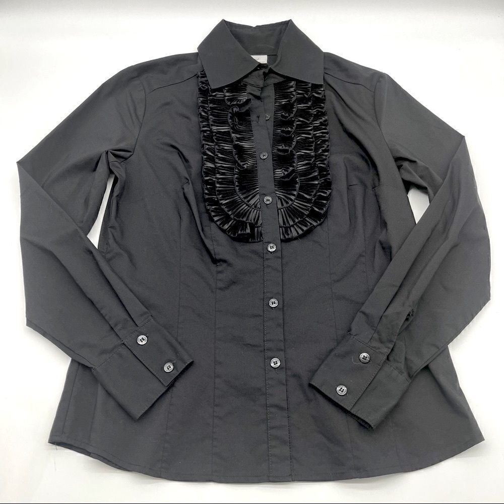 Worthington Black Pleated Ruffle Button Down LS Size S